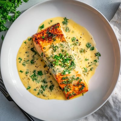 Golden brown salmon topped with creamy zesty lemon sauce garnished with herbs