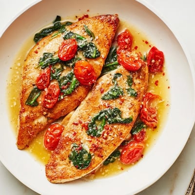 Plated Tomato Spinach White Wine Chicken garnished with Parmesan, crusty bread suggested