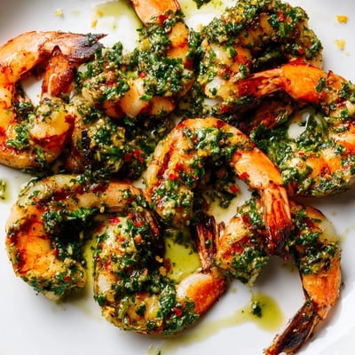 Plump grilled chimichurri shrimp drizzled with vibrant parsley cilantro sauce on a plate