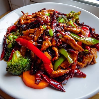 Glossy Hunan Chicken stir-fry tossed with crisp vegetables and dried red chilies over white rice