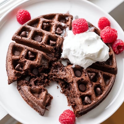 Golden fudgy brownie waffles topped with whipped cream and fresh juicy strawberries