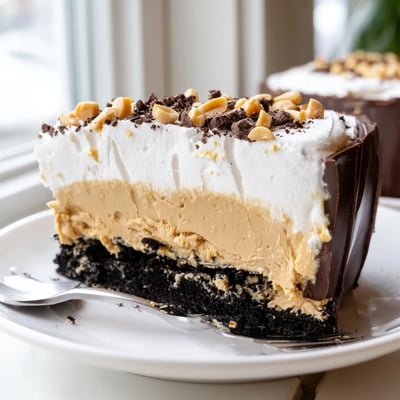 Peanut butter layered delight sliced into squares topped with chopped roasted peanuts