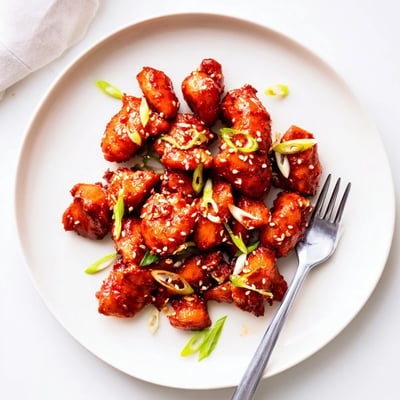 Crispy gochujang chicken glazed in spicy-sweet red sauce on a bed of steamed white rice