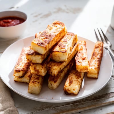 Crispy baked cottage cheese fries seasoned with smoked paprika served fresh from the oven